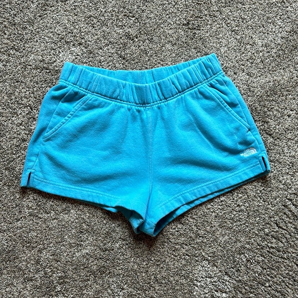 North Face light blue half dome logo sweat shorts; size Medium